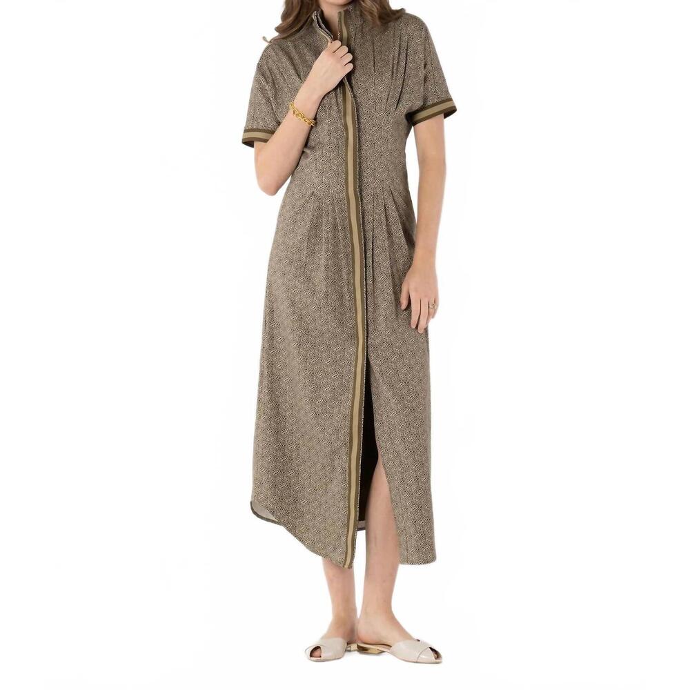 Emily McCarthy Georgia Midi button front Short Sleeve Dress in taupe/olive green